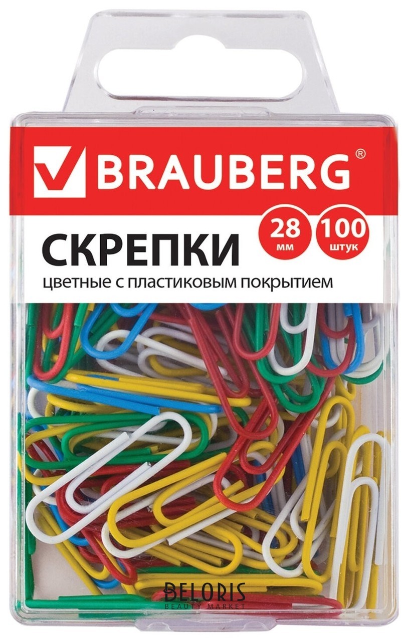 Скрепки Brauberg, 28 мм, цветные, 100 шт., в пластиковой коробке Brauberg