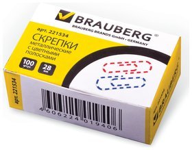 Скрепки Brauberg, 28 мм с цветными полосками, 100 шт., в картонной коробке Brauberg