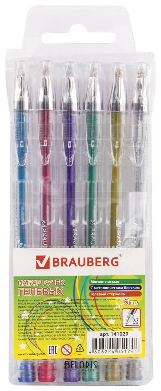 Ручки гелевые Brauberg, набор 6 шт., ассорти, Jet, чернила металлик, узел 0,7 мм, линия письма 0,5 мм Brauberg