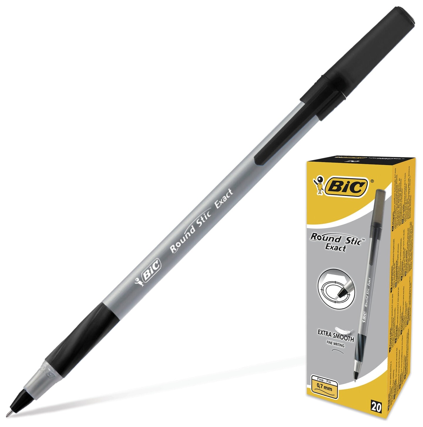 Ручка шариковая с грипом Bic "Round Stic Exact", черная, корпус серый, узел 0,8 мм, линия письма 0,3 мм BIC