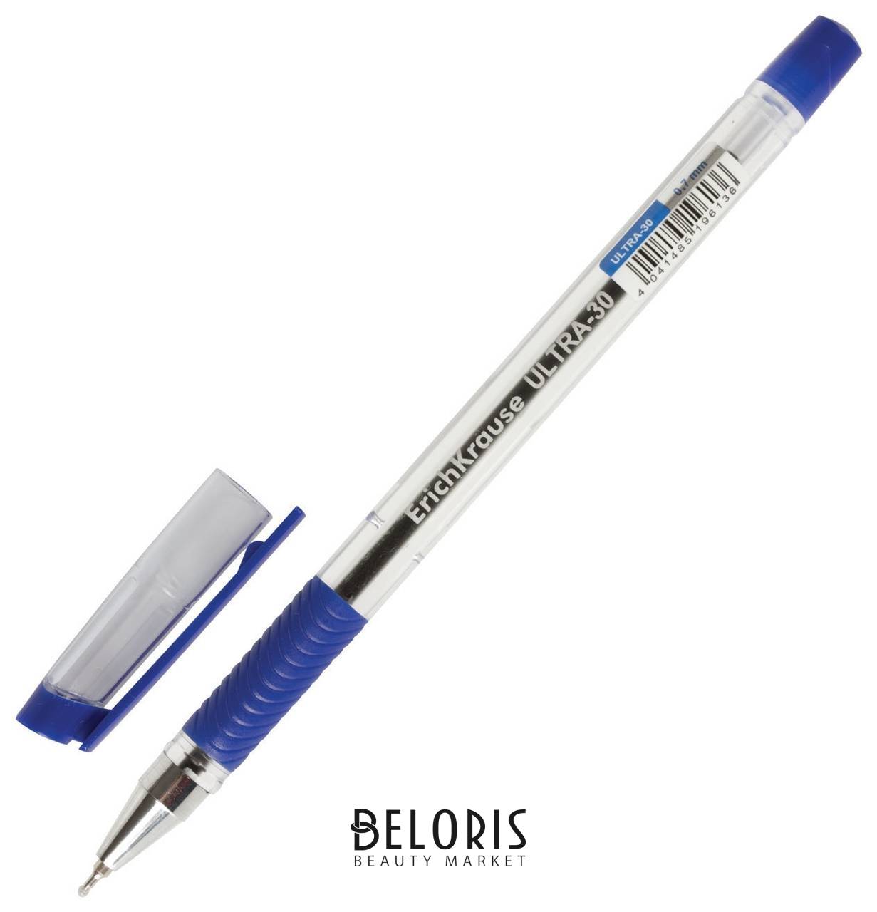 Ручка шариковая масляная с грипом Erich Krause Ultra-30, синяя, корпус прозрачный, узел 0,7 мм, линия письма 0,26 мм Erich krause
