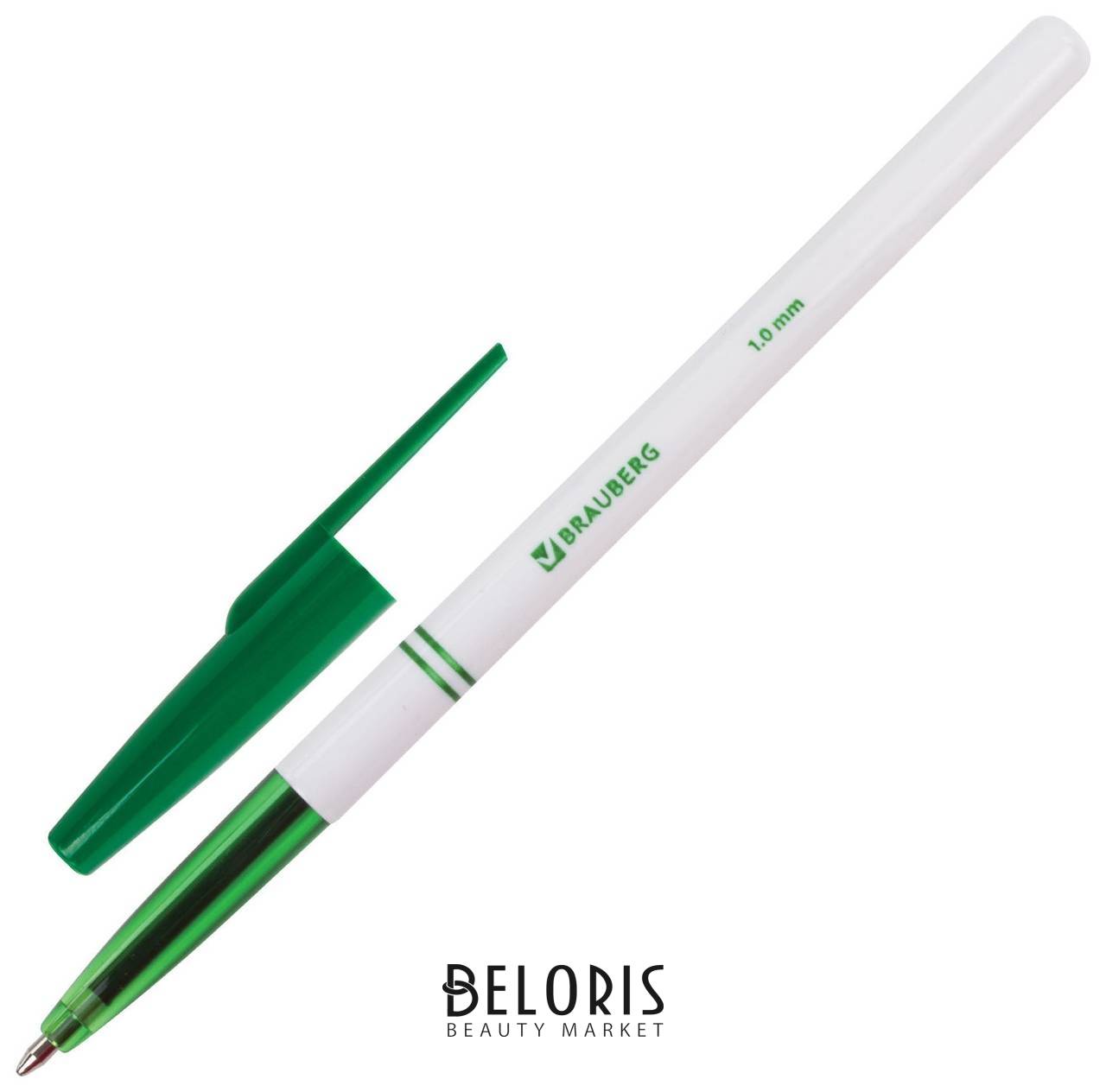 Ручка шариковая Brauberg Офисная, зеленая, корпус белый, узел 1 мм, линия письма 0,5 мм Brauberg