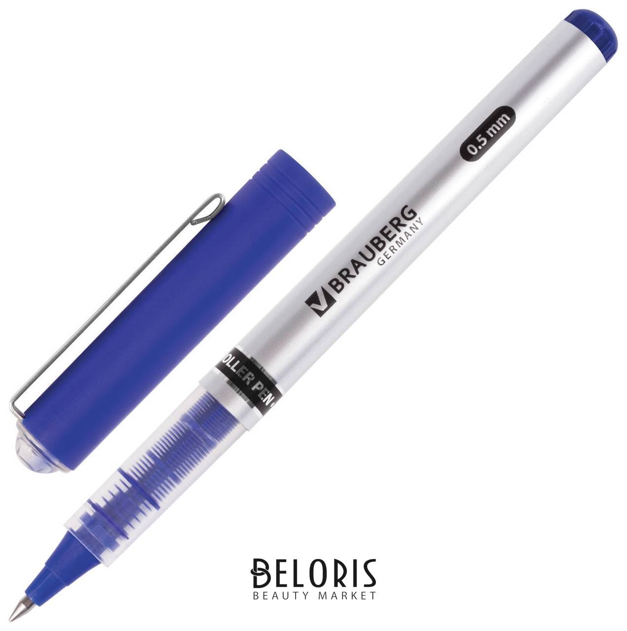 Ручка-роллер Brauberg Flagman, синяя, корпус серебристый, хромированные детали, узел 0,5 мм, линия письма 0,3 мм Brauberg
