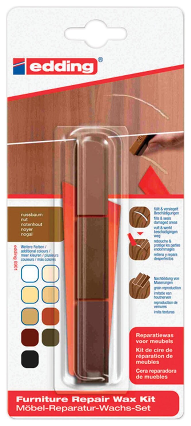 Воск для ремонта мебели Edding 8901 набор 3 шт., грецкий орех (3 оттенка), шпатель Edding