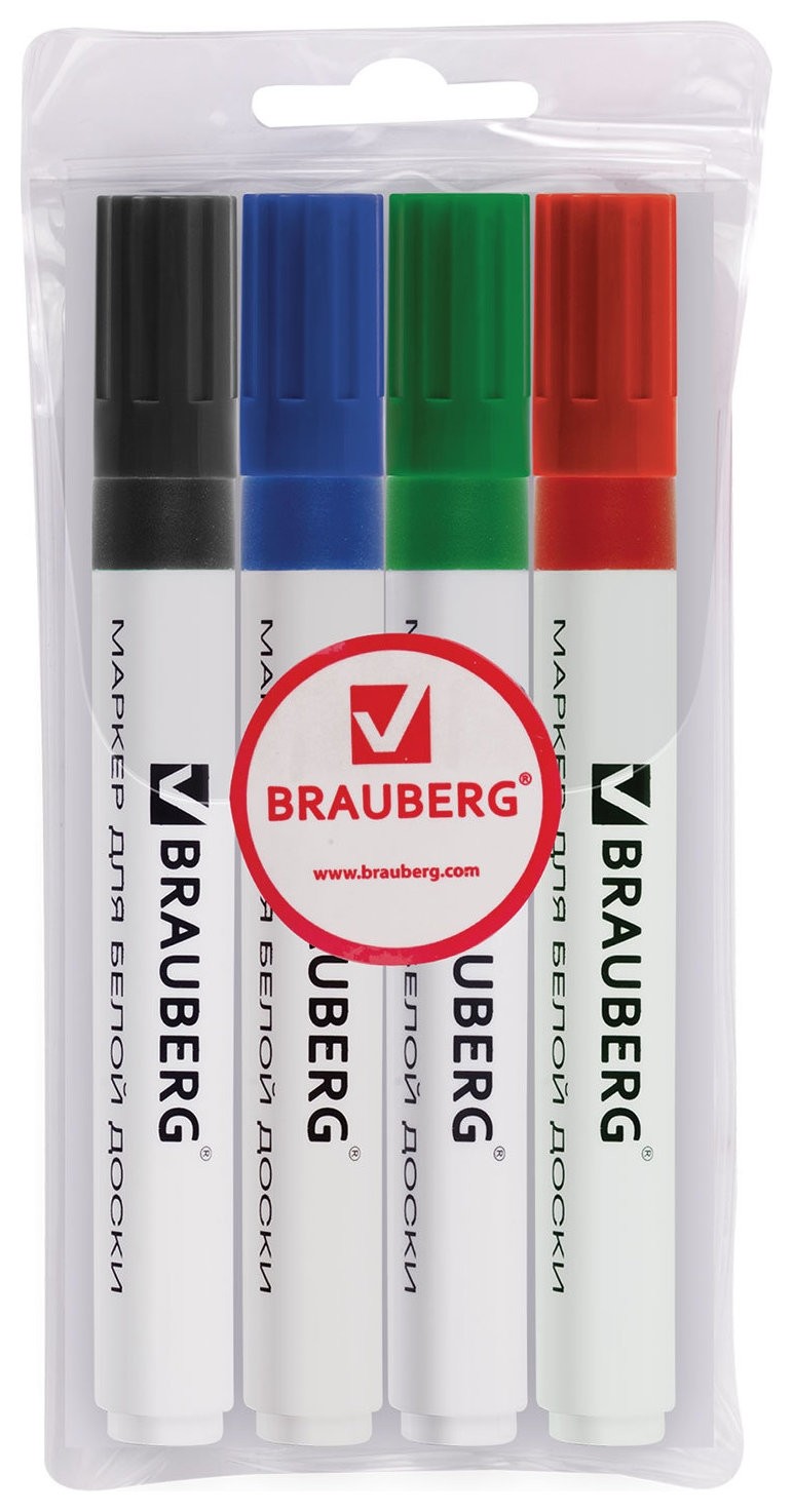 

Маркеры для доски Brauberg, набор 4 шт., ассорти, классические, круглый наконечник, 5 мм, Зеленый;красный;синий;черный