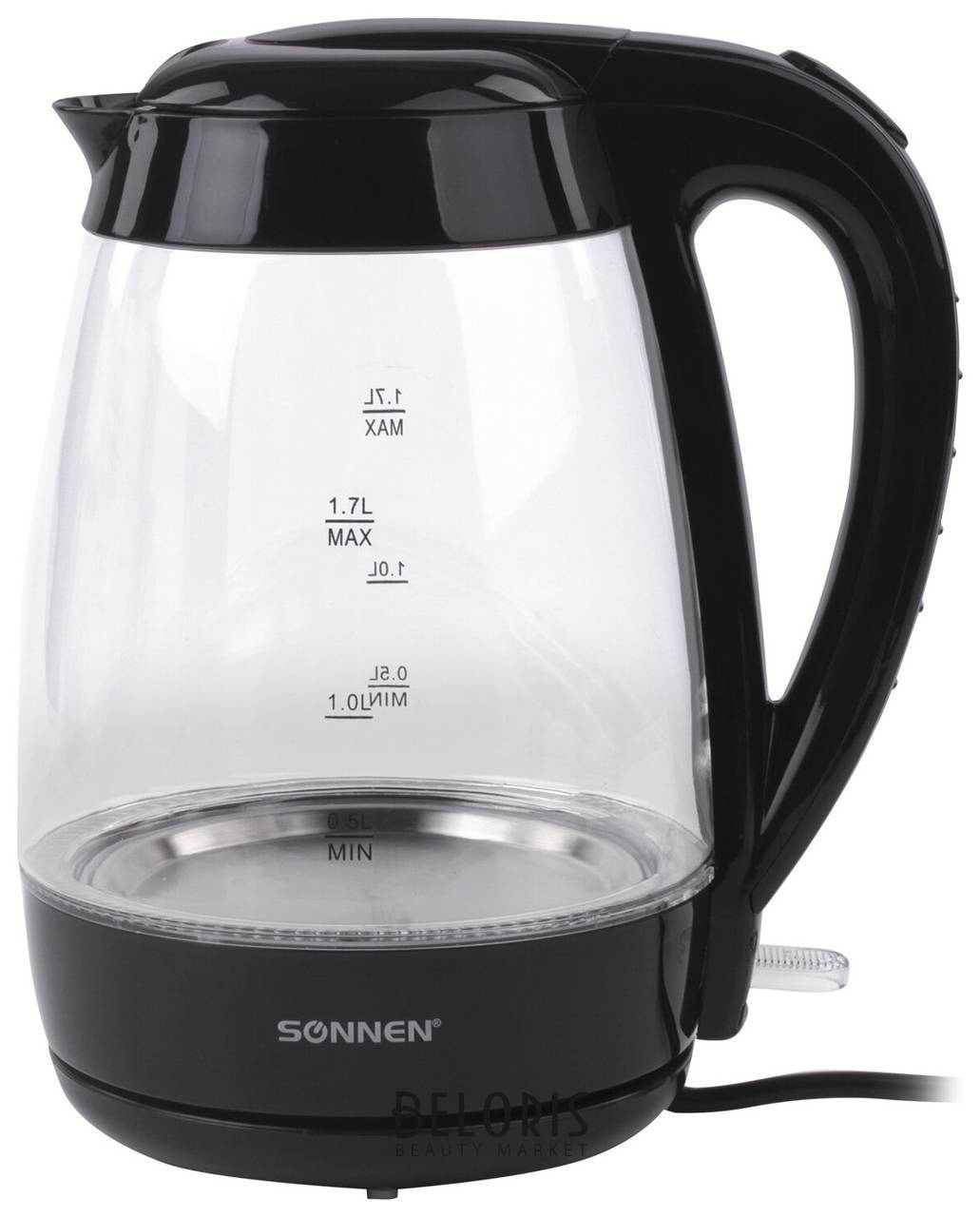 Чайник SONNEN KT-200BK, 1,7 л, 2200 Вт, закрытый нагревательный элемент, стекло, подсветка, черный  Sonnen