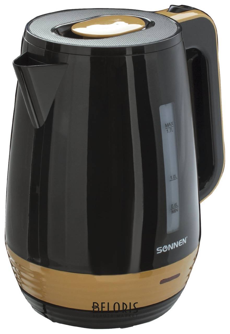 Чайник SONNEN KT-1776, 1,7 л, 2200 Вт, закрытый нагревательный элемент, пластик, черный / горчичный  Sonnen