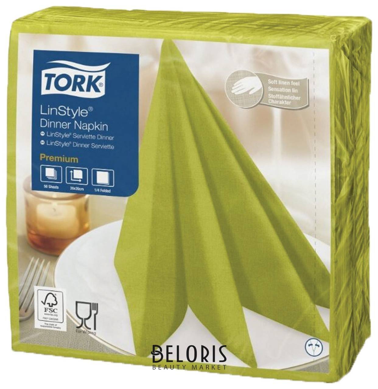 Салфетки бумажные нетканые сервировочные TORK LinStyle Premium, 39х39 см, 50 шт., фисташковые Tork