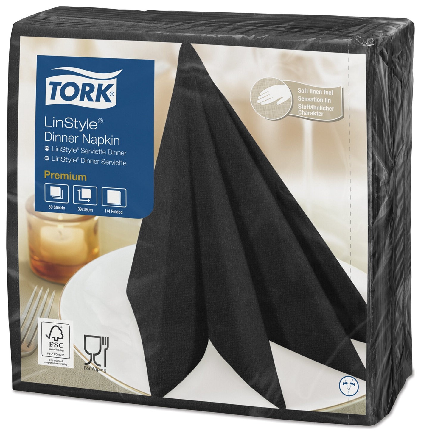 

Салфетки бумажные нетканые сервировочные TORK "LinStyle Premium", 39х39 см, 50 шт., чёрные, Черные