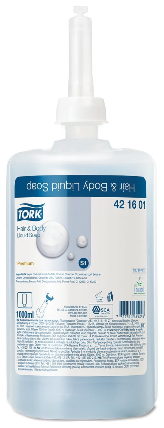 

Картридж с жидким мылом-гелем для тела и волос одноразовый Tork (Система S1) Premium, 1 л