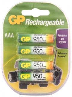 Батарейки аккумуляторные GP, AAA, Ni-Mh, 950 mAh, комплект 4 шт., в блистере GР