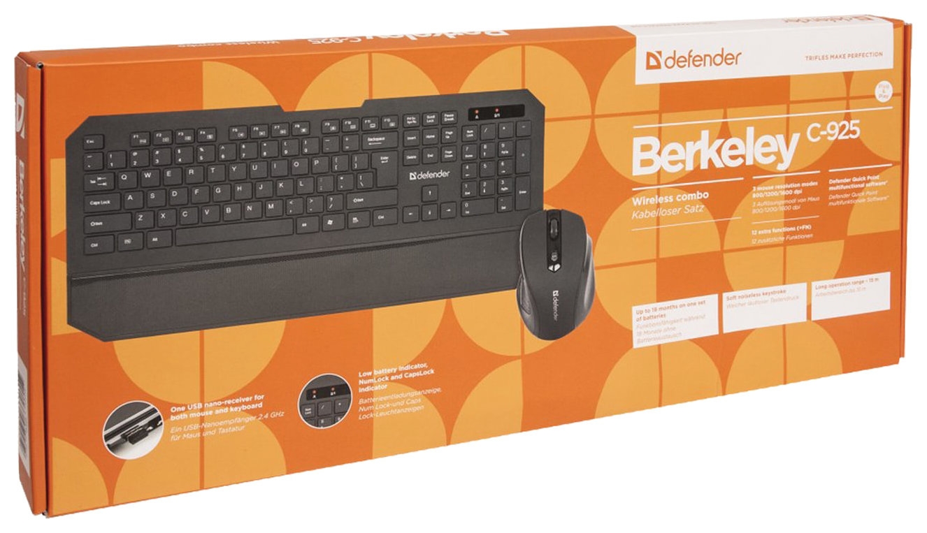 Набор беспроводной DEFENDER Berkeley C-925, клавиатура, мышь 5 кнопок + 1 колесо-кнопка, черный