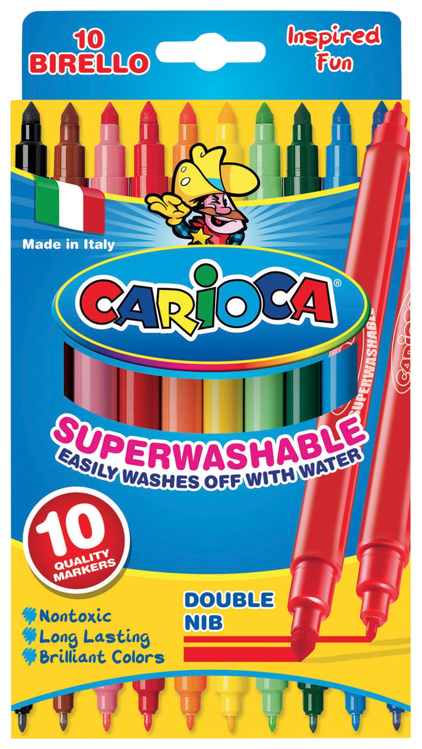 Фломастеры двухсторонние Carioca Birello, 10 цветов, 2 пишущих узла 2,5 и 5 мм, суперсмываемые