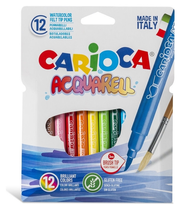 Фломастеры акварельные Carioca Aquarell, 12 цветов, наконечник-кисть, смываемые, картонный конверт