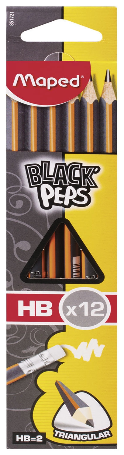 Карандаши чернографитные с ластиком, HB Black Peps, 12 шт