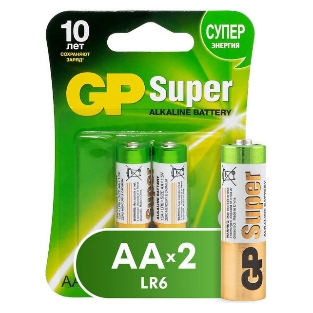 Батарейка алкалиновая GP Super, AA, Lr6-2bl, 1.5в, блистер, 2 шт.