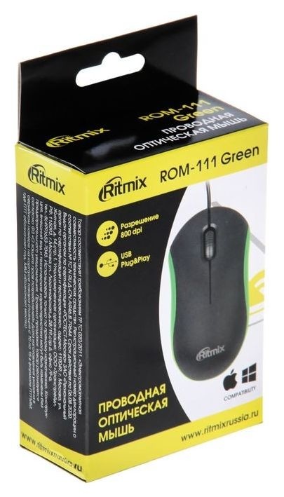 Мышь Ritmix Rom-111, проводная, оптическая, 800 Dpi, Usb, зелёная