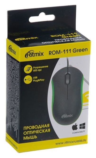 Мышь Ritmix Rom-111, проводная, оптическая, 800 Dpi, Usb, зелёная