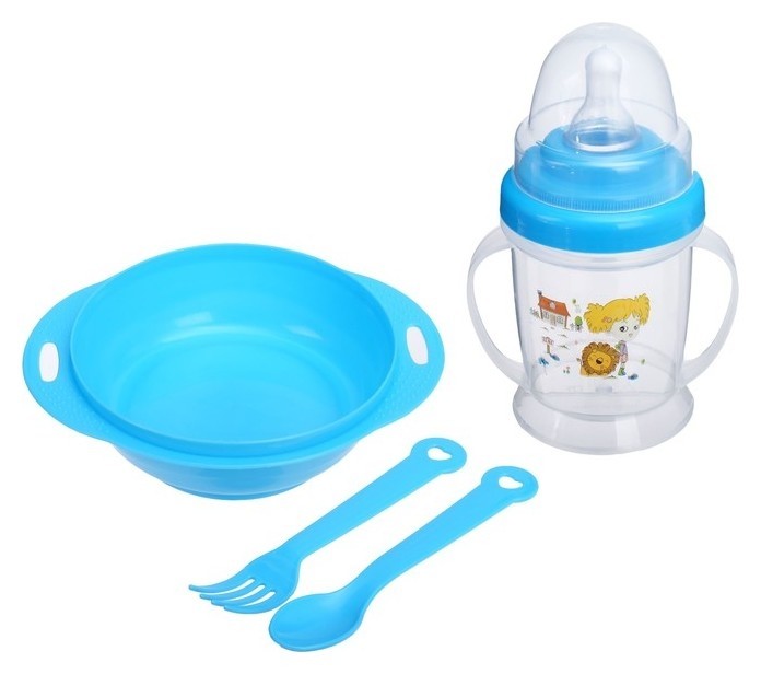 Набор детской посуды, 4 предмета: миска 200 мл, бутылочка для кормления 180 мл, ложка, вилка