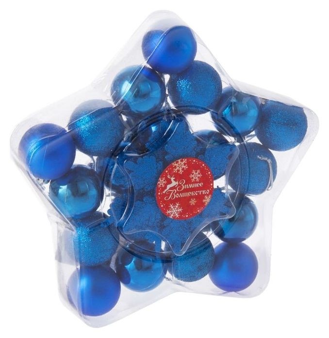 Набор украшений пластик 24 шт Звезда (Шары, снежинки) синий