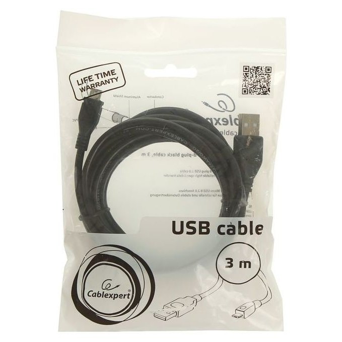 Кабель Cablexpert, Micro USB - Usb, 1 А, 3 м, чёрный