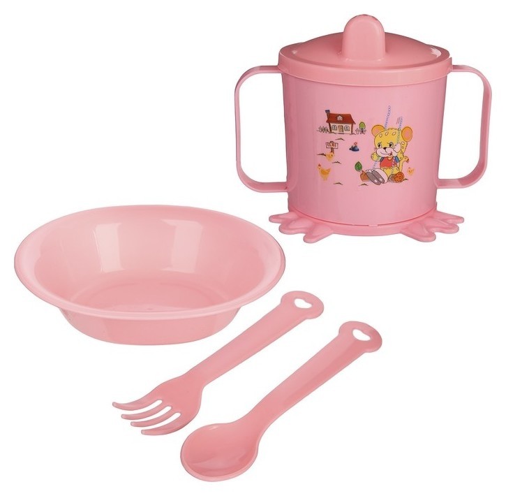 Набор детской посуды из 4 предметов: миска, ложка, вилка, поильник с твёрдым носиком 200 мл