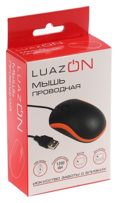 Мышь Luazon, проводная, провод 1 м, Usb, чёрная с оранжевыми вставками