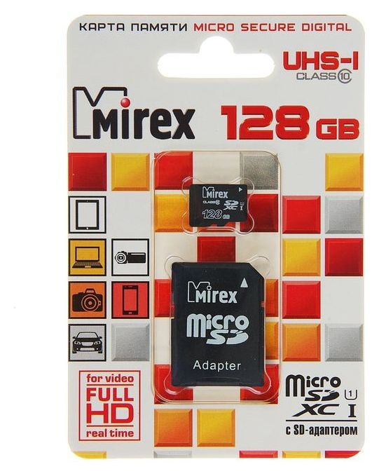 Карта памяти Mirex Microsd, 128 Гб, Sdxc, Uhs-i, класс 10, с адаптером SD