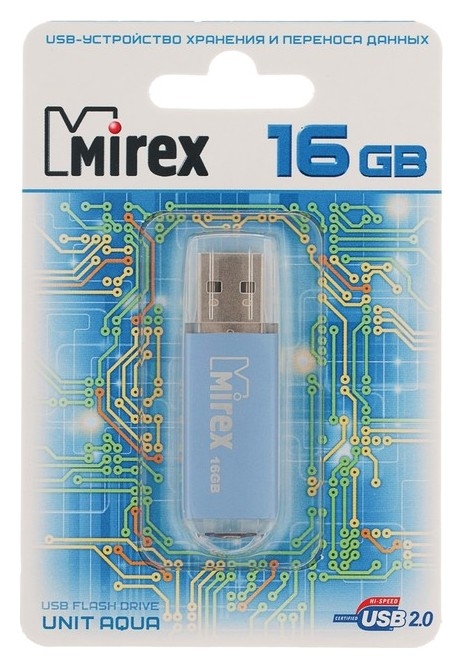 Флешка Mirex Unit Aqua, 16 Гб, Usb2.0, чт до 25 мб/с, зап до 15 мб/с, синяя