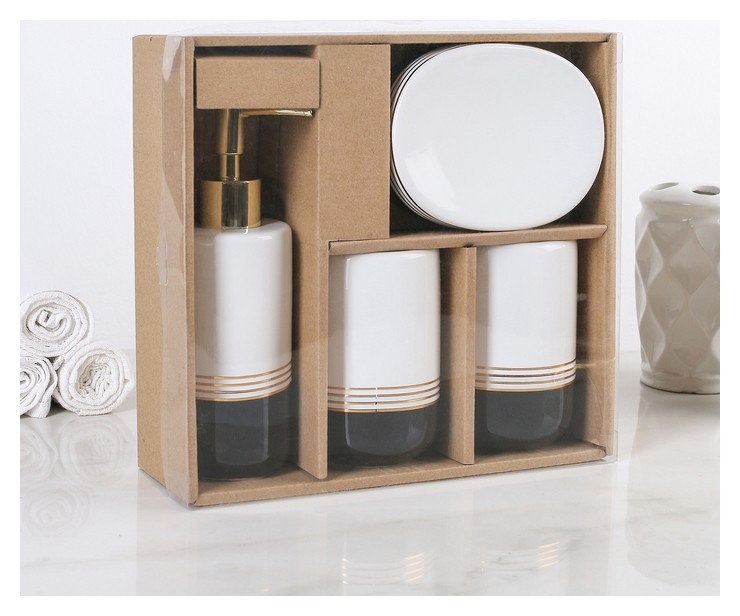 Набор аксессуаров для ванной комнаты Лили, 4 предмета (Дозатор 300 мл, мыльница, 2 стакана), цвет бело-чёрный