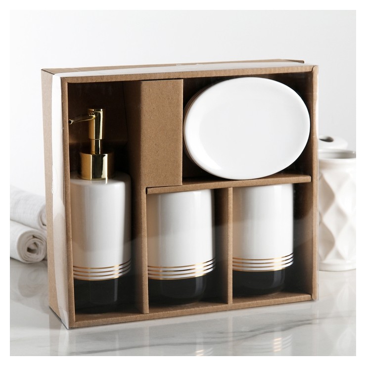 Набор аксессуаров для ванной комнаты Лили, 4 предмета (Дозатор 300 мл, мыльница, 2 стакана), цвет бело-серый