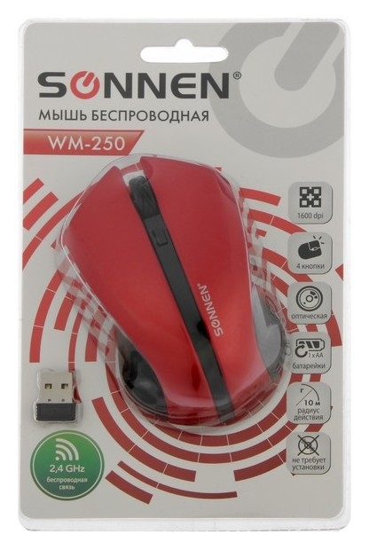 Мышь Sonnen Wm-250r, беспроводная, оптическая, 1600 Dpi, Usb, 1хaa (Не в комплекте), красная