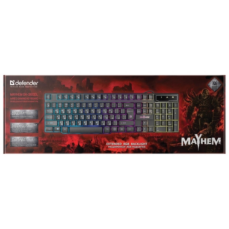 Клавиатура проводная игровая Defender Mayhem Gk-360dl, Usb, 104 клавиши, с подсветкой, черная, 45360