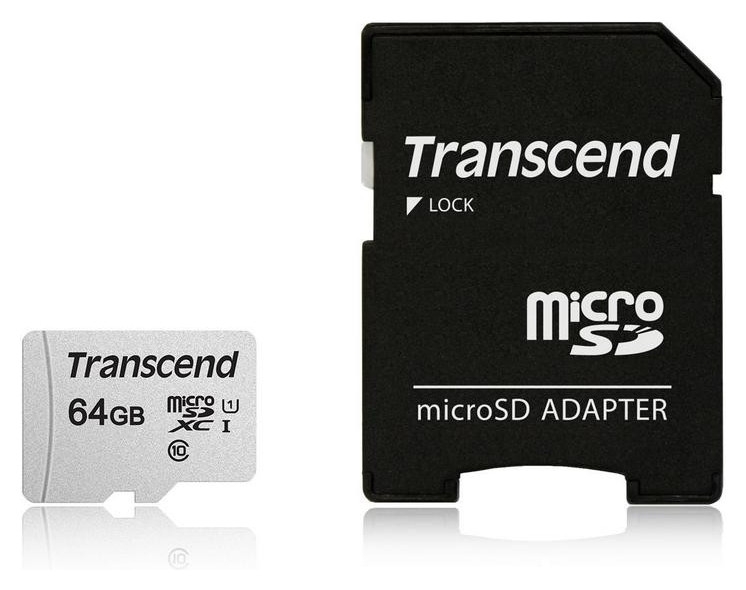 Карта памяти Microsdxc 64 GB Transcend Uhs-i U1, 95 мб/сек (Class 10), адаптер, Ts64gusd300s-a