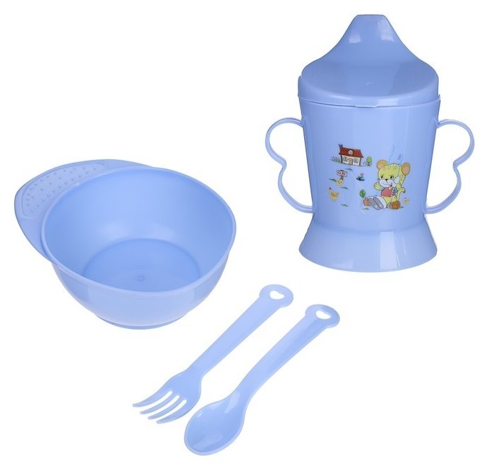 Набор детской посуды, 4 предмета: миска с одной ручкой, ложка, вилка, поильник с твёрдым носиком 200 мл