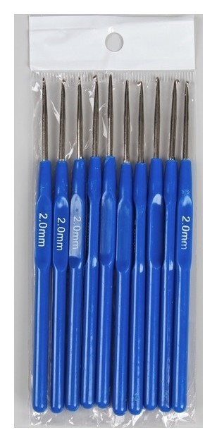 Крючок для вязания, с пластиковой ручкой, D = 2 мм, 13,5 см, цвет синий
