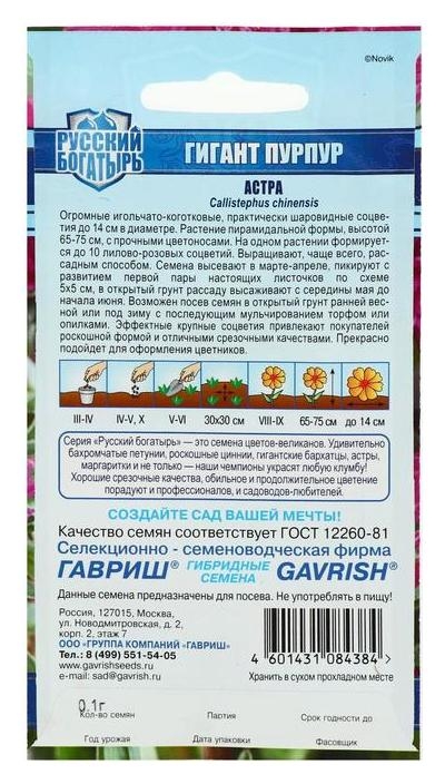 Семена цветов астра Гигант, пурпурная, однолетняя, серия русский богатырь, 0,1 г