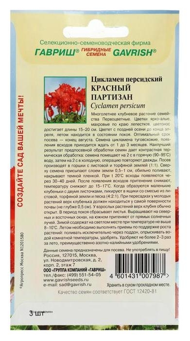 Семена цветов цикламен Красный партизан, персидский, 3 шт