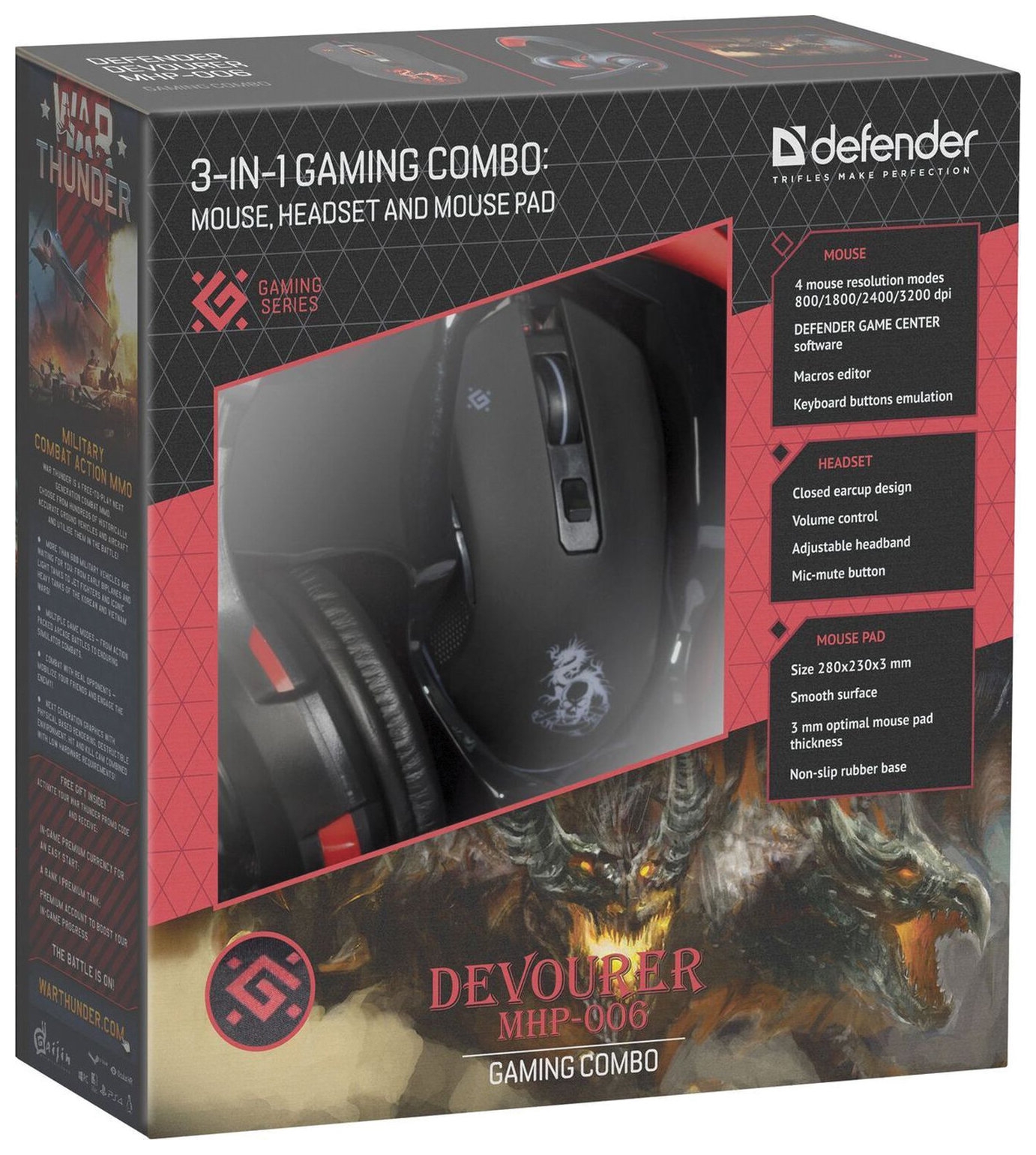 Набор проводной игровой Defender Devourer Mhp-006, гарнитура, мышь 5 кнопок + 1 колесо-кнопка, коврик, черный, 52006