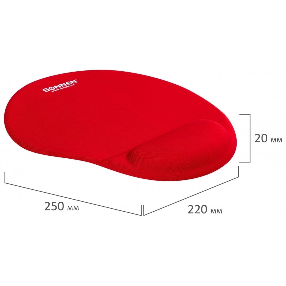 Коврик для мыши с подушкой под запястье Sonnen, полиуретан + лайкра, 250х220х20 мм, красный, 513301