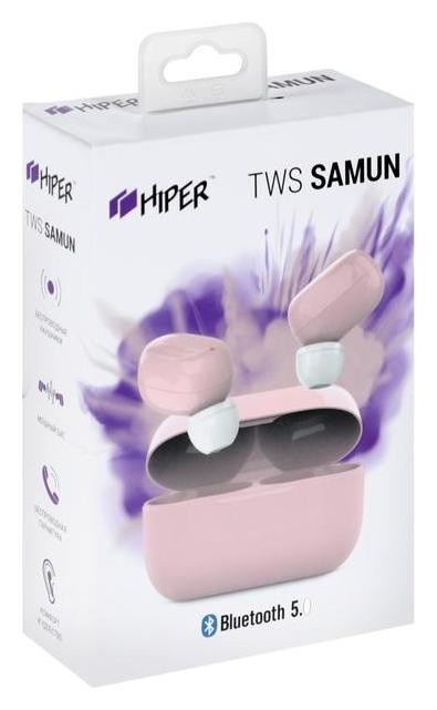 Наушники Hiper TWS Samun, беспроводные, вакуумные, микрофон, BT 5.0, 80/300мач, розовые
