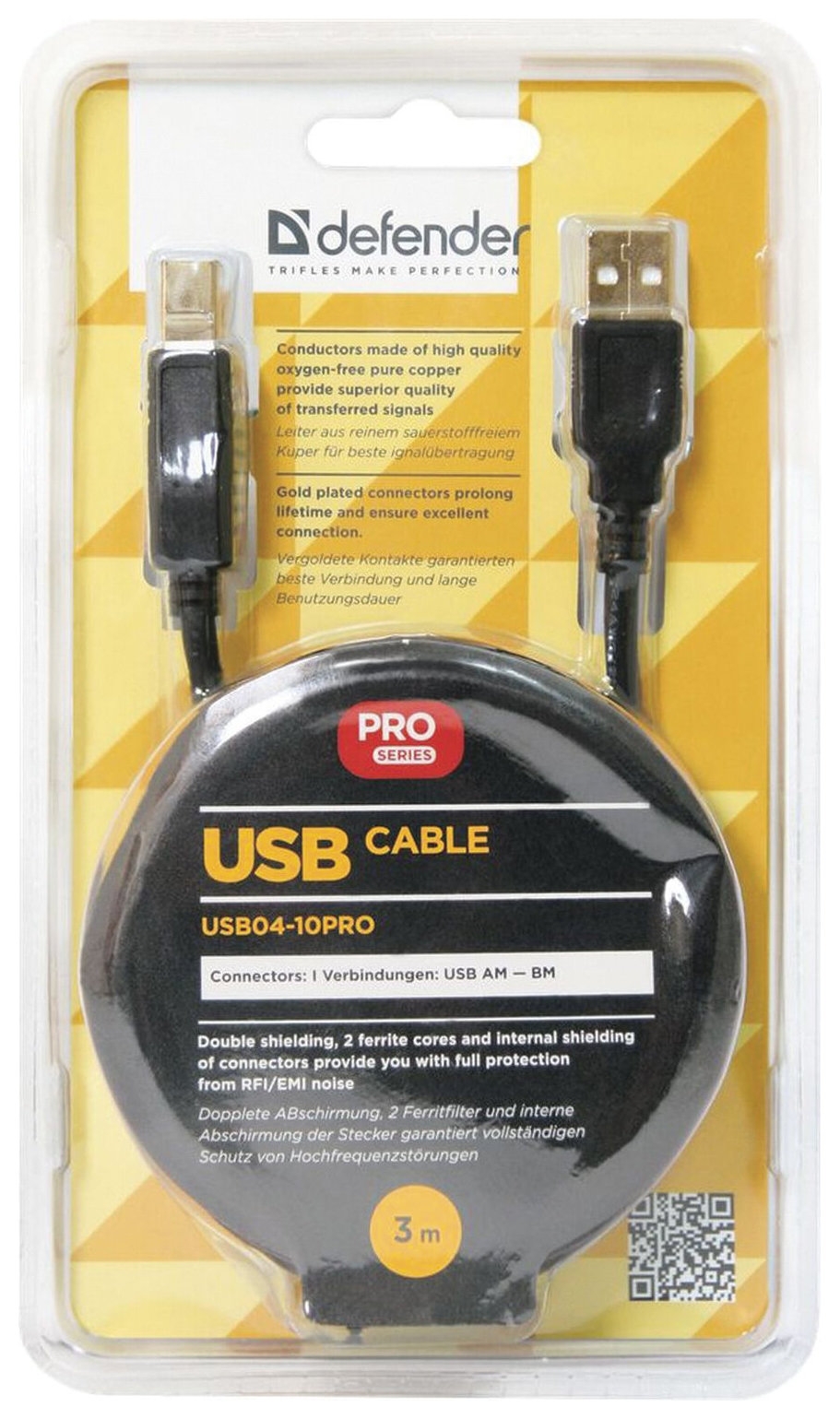 Кабель USB 2.0 Am-bm, 3 м, Defender, 2 фильтра, для подключения принтеров, МФУ и периферии, 87431