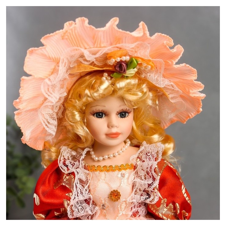 Кукла коллекционная керамика Леди анастасия в красно-оранжевом платье 30 см