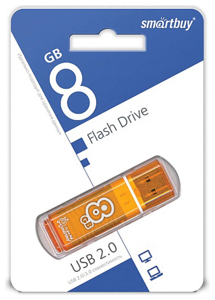 Флеш-диск 8 GB, Smartbuy Glossy, USB 2.0, оранжевый, Sb8gbgs-or