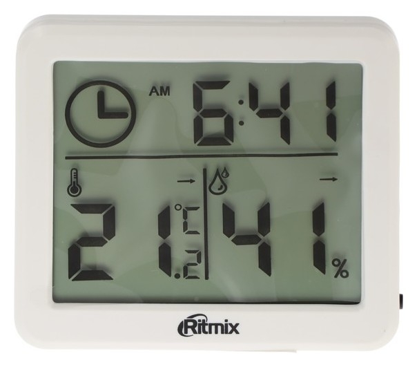 Метеостанция Ritmix Cat-041, комнатная, термометр, гигрометр, будильник, 1хcr2025, белая