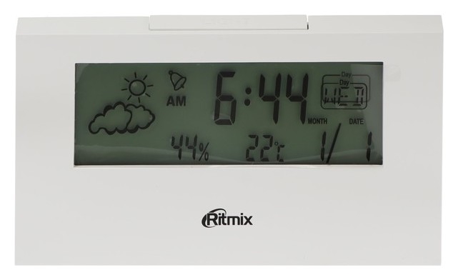 Метеостанция Ritmix Cat-044, комнатная, термометр, гигрометр, будильник, 2хааа, белая
