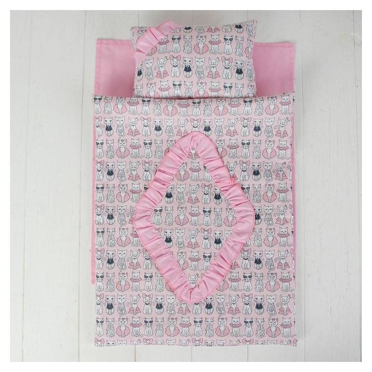 Постельное бельё для кукол Котята на розовом, простынь, одеяло, подушка