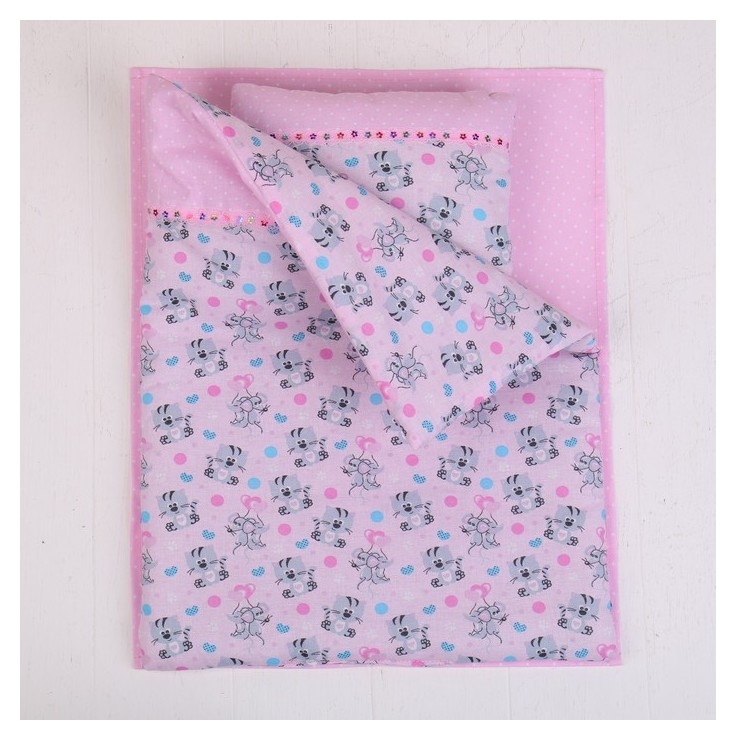 Кукольное постельное с тесьмой Котята на розовом, простынь, одеяло, подушка