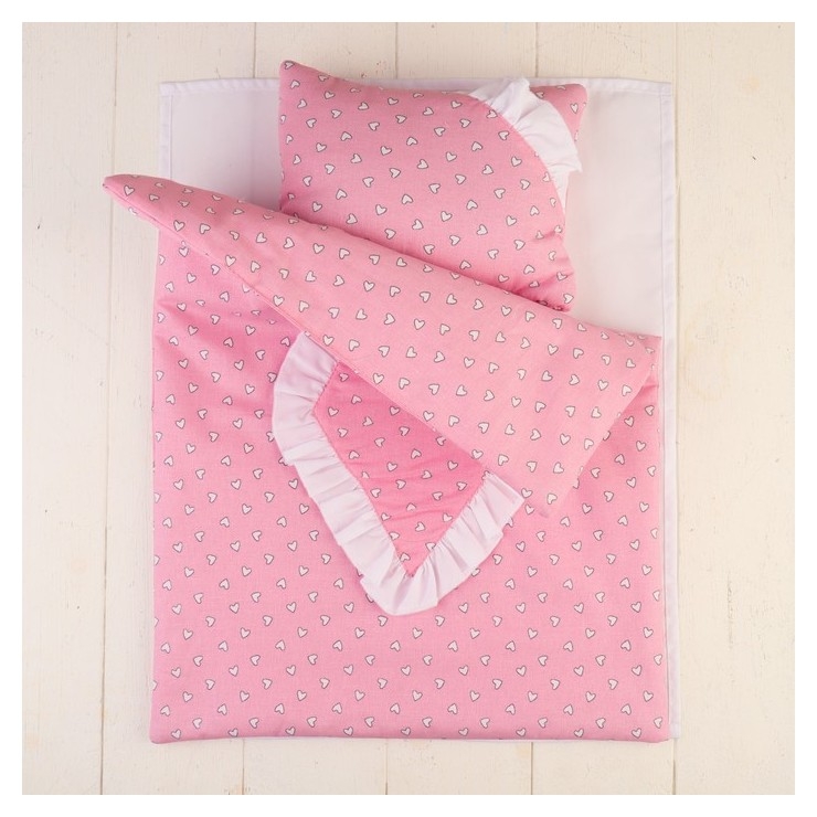 Кукольное постельное Сердечки на розовом, простынь, одеяло, подушка