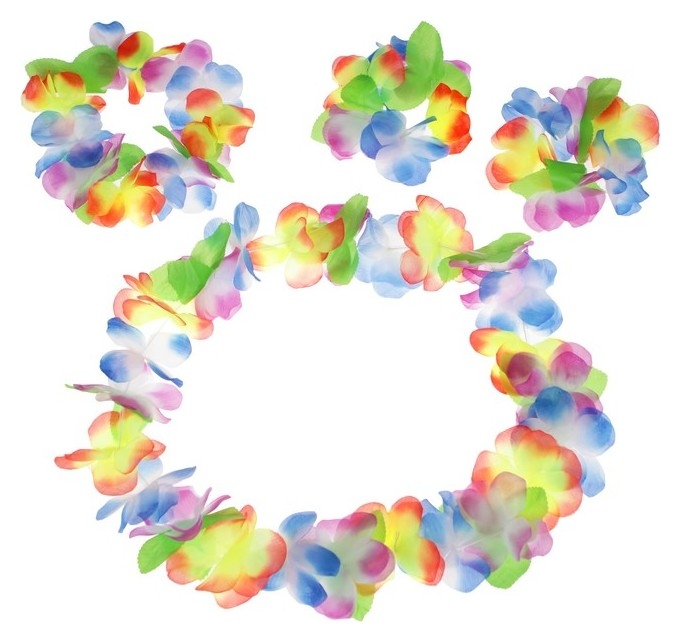 Набор гавайская тема 4 в 1: ожерелье, венок, 2 браслета, многоцветные цветы